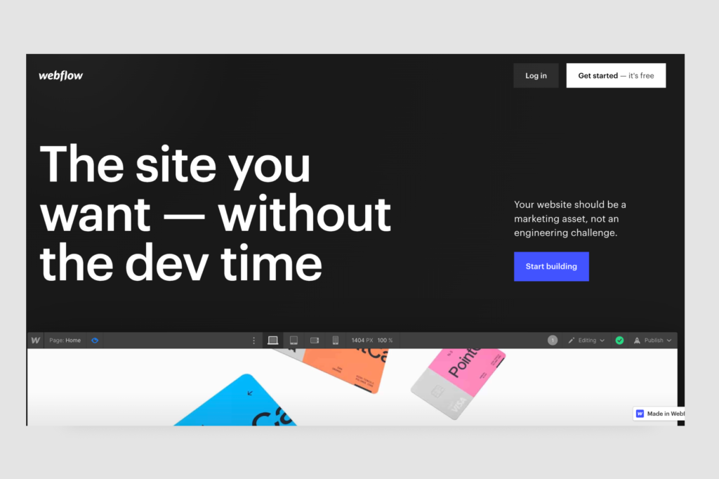 Webflow's homepage, which reads "The site you want -- without the dev time."