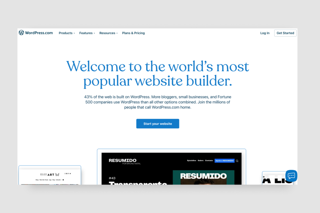 WordPress' homepage, which reads, "Welcome to the world's most popular website builder."