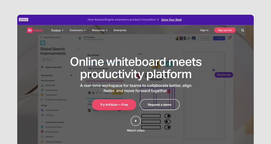 InVision's homepage.