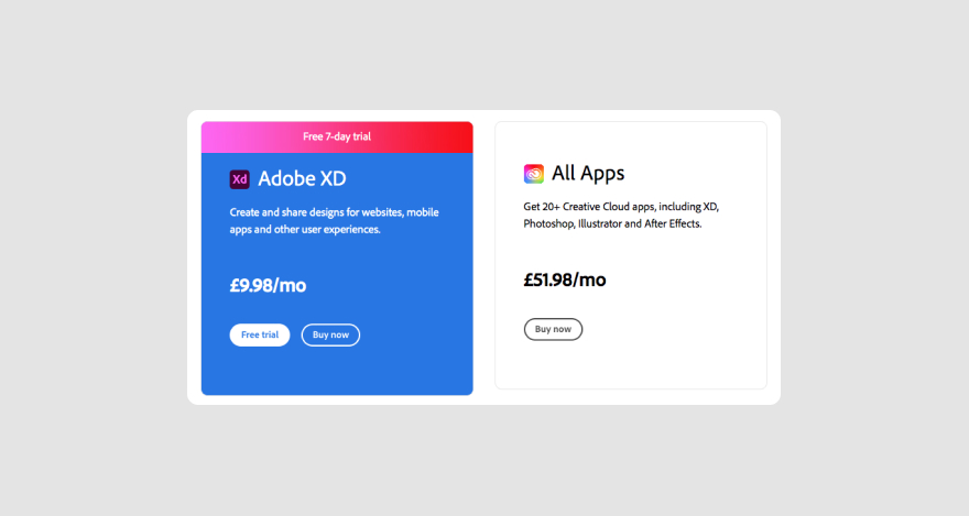 Adobe XD's pricing plans.