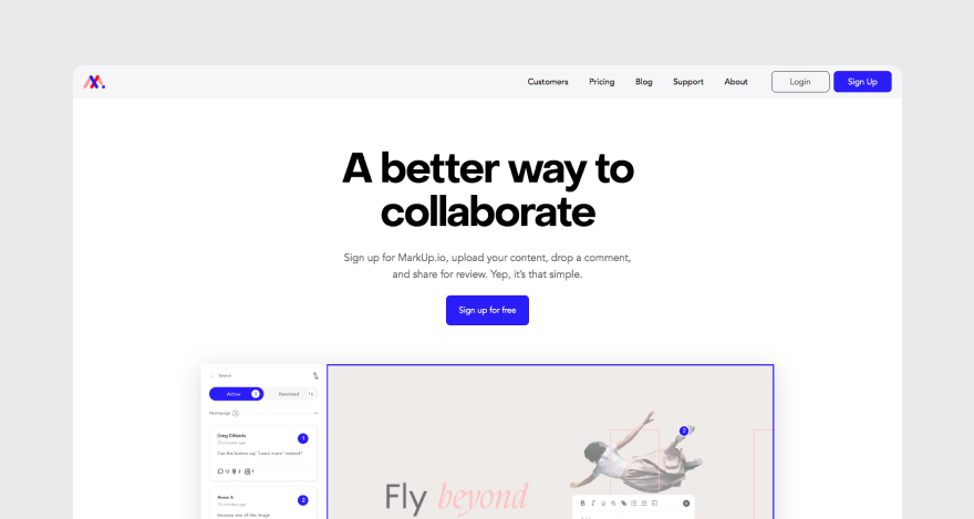 Homepage for MarkUp.io, a suitable Frame.io alternative