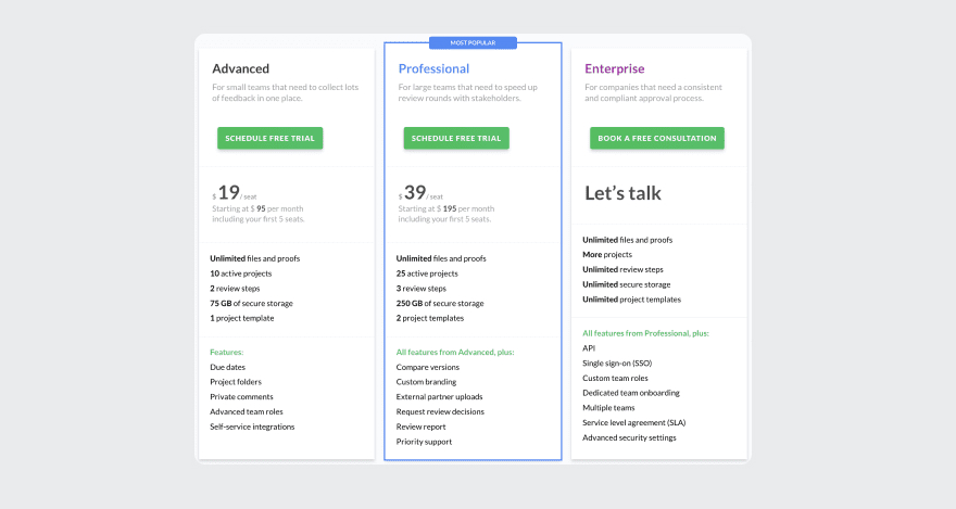 Pricing plans for Filestage.