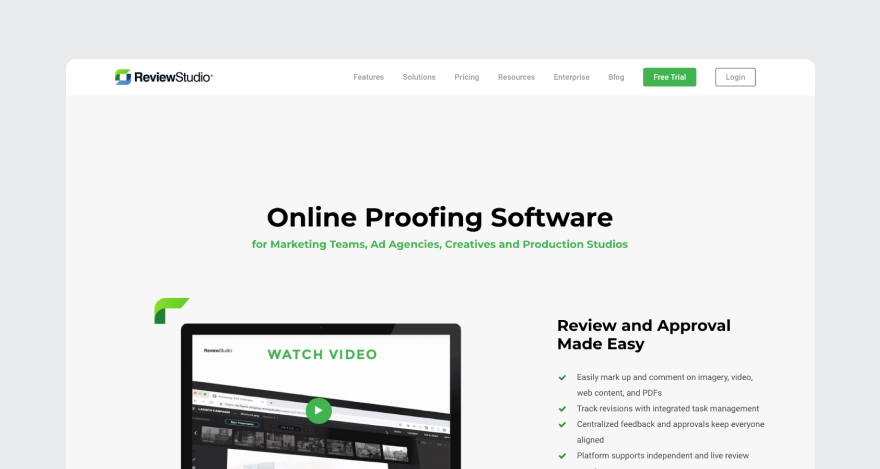 Homepage for ReviewStudio, a Frame.io alternative.