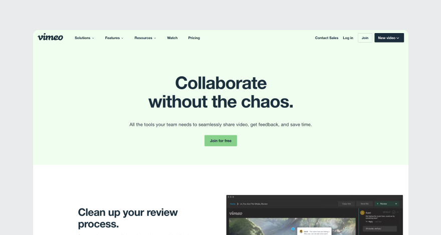Vimeo's homepage, a Frame.io alternative.