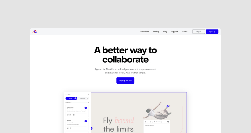 Homepage for MarkUp.io, a website feedback tool.