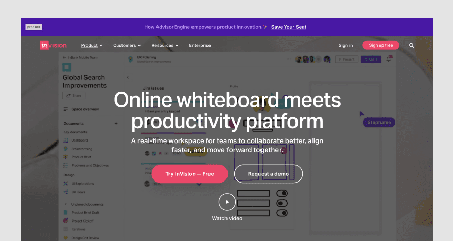 InVision's homepage.