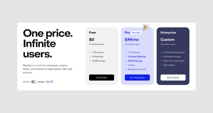 Pricing for visual feedback tool MarkUp.io.