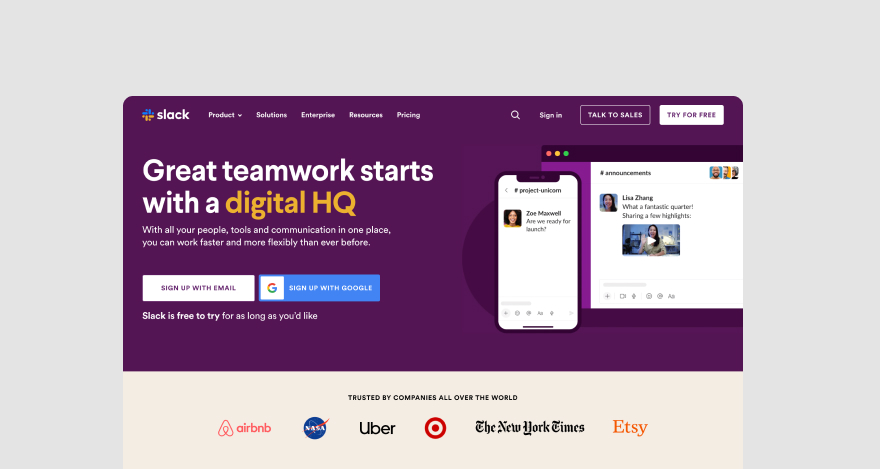 Slack's homepage.