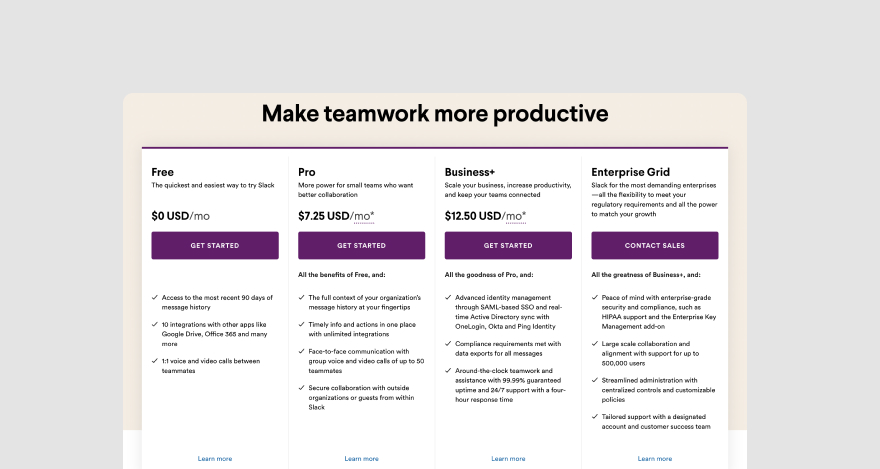 Slack's pricing.