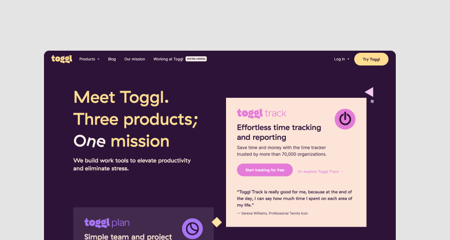 Toggl Track's homepage.