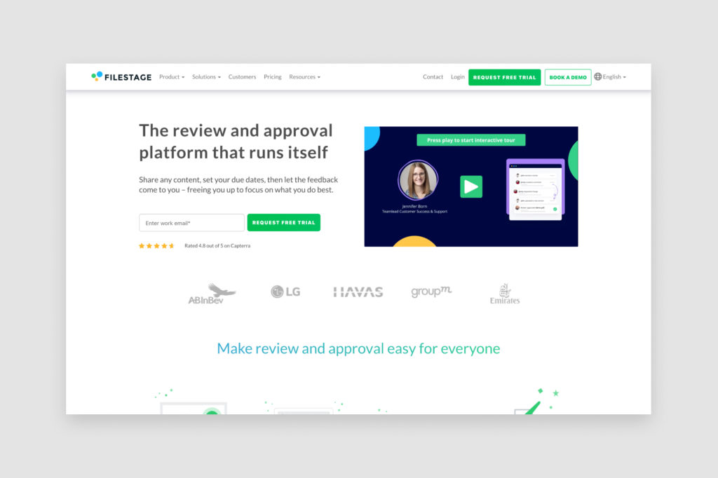 Filestage's homepage, which reads, "The review and approval platform that runs itself."