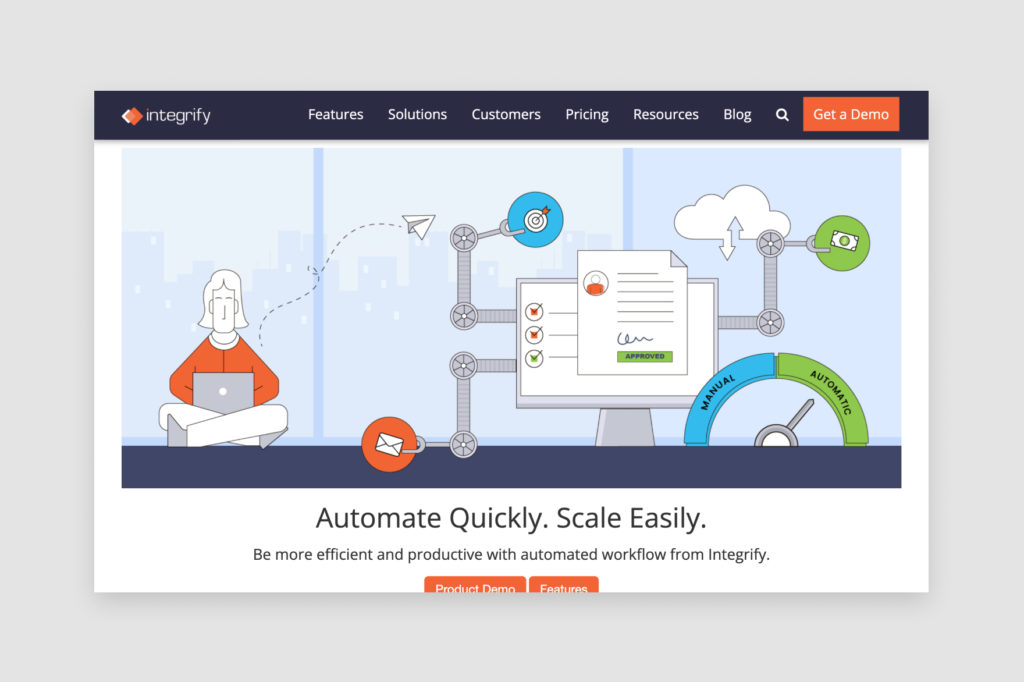 Integrify's homepage, which features an illustrated representation of automated workflows.
