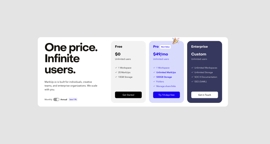 MarkUp.io's three pricing plans.