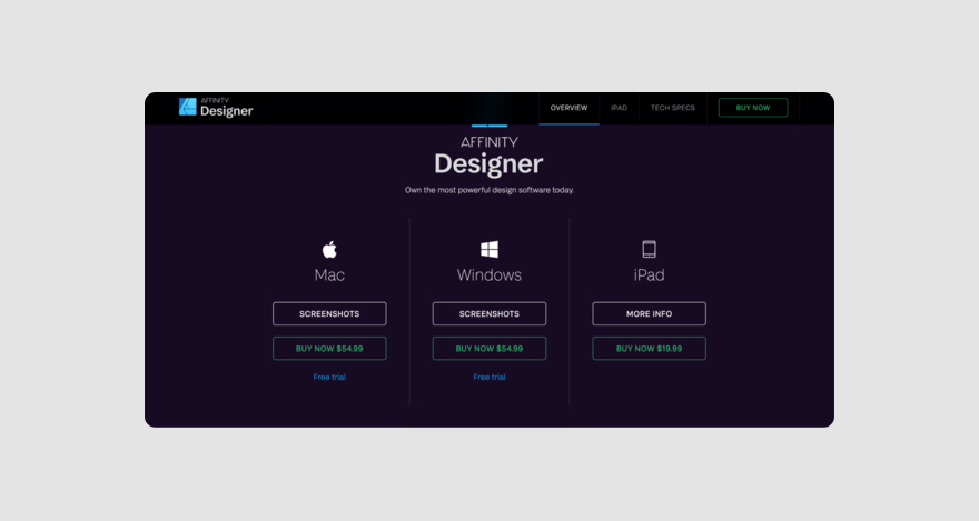 Affinity Designer's pricing plans for Mac, Windows, and iPad users.