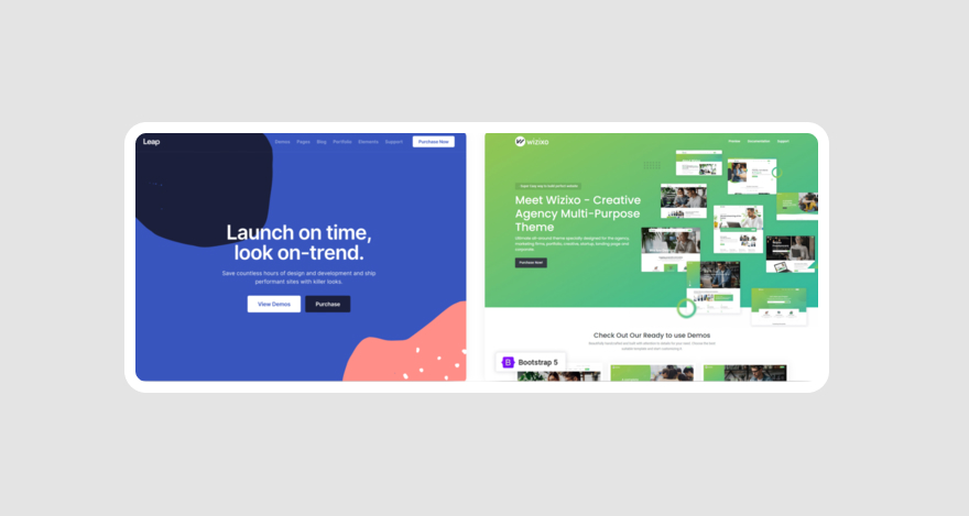 Two examples of Bootstrap themes. One is blue and simple while the other is green and features more graphics.
