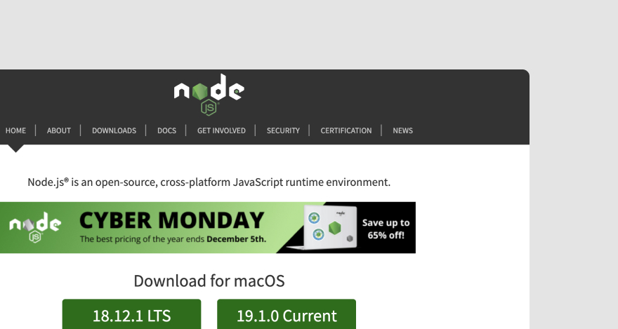Homepage for Node.js, a free web development tool.